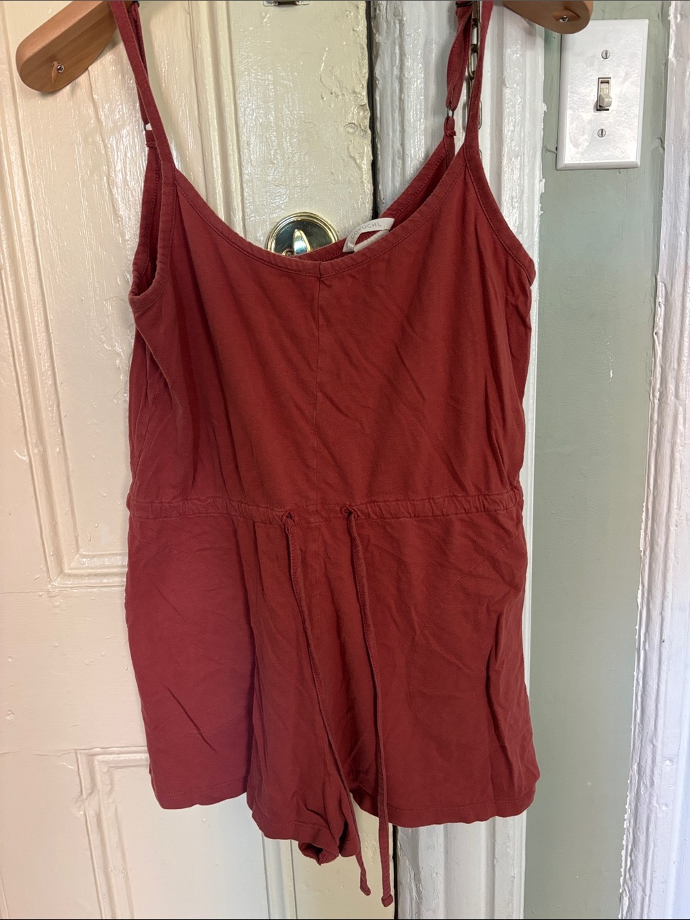 coyuchi Sleeveless Drawstring Romper in rosehip